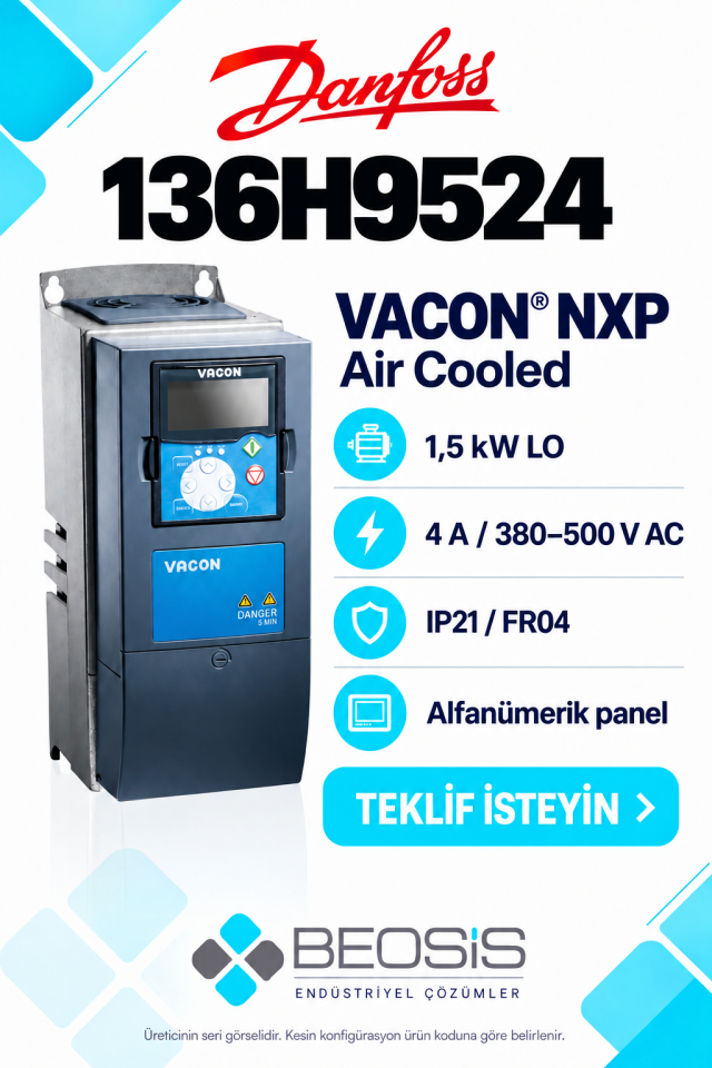 Danfoss 136H9524 VACON NXP 1,5 kW LO 380–500 V IP21 Alfanümerik Panelli Motor Hız Kontrol Cihazı