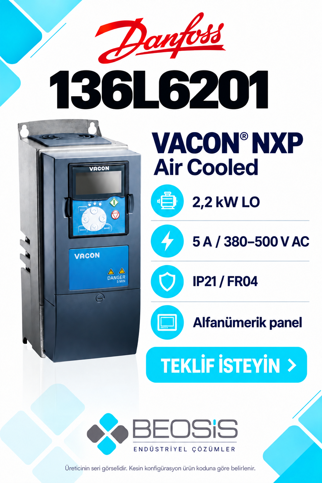 Danfoss 136L6201 VACON NXP 2,2 kW LO 380–500 V IP21 Alfanümerik Panelli Motor Hız Kontrol Cihazı