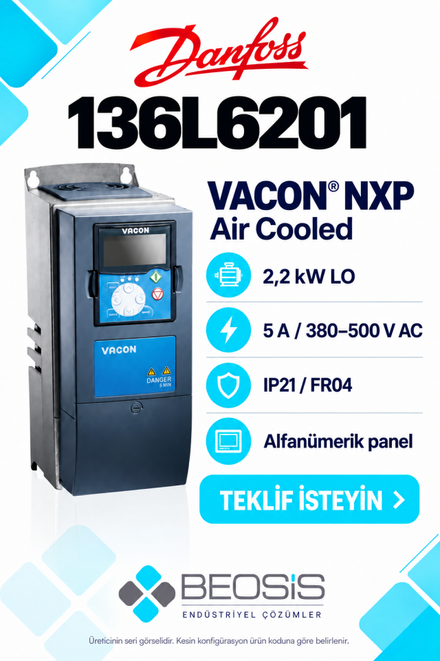 Danfoss 136L6201 VACON NXP 2,2 kW LO 380–500 V IP21 Alfanümerik Panelli Motor Hız Kontrol Cihazı