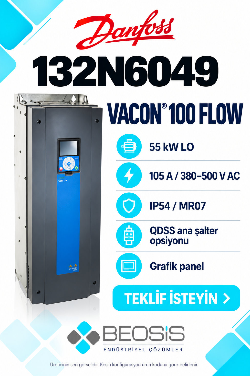 Danfoss 132N6049 VACON 100 FLOW 55 kW LO 380–500 V IP54 Grafik Panelli Motor Hız Kontrol Cihazı