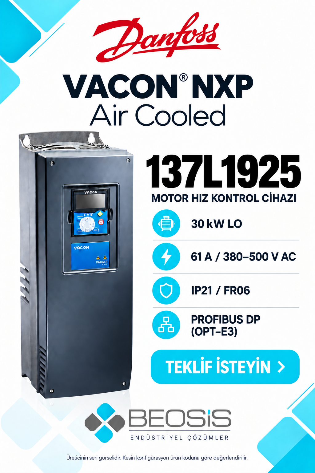 Danfoss 137L1925 VACON NXP 30 kW LO 380–500 V IP21 Alfanümerik Panelli Motor Hız Kontrol Cihazı