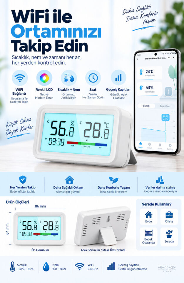 WiFi LCD Ekranlı Sıcaklık ve Nem Sensörü (Fonri, Tuya, Smart Life, Google Assistant, Amazon Alexa Destekli)