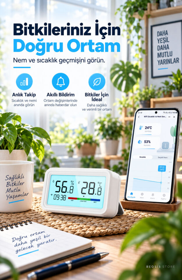 WiFi LCD Ekranlı Sıcaklık ve Nem Sensörü (Fonri, Tuya, Smart Life, Google Assistant, Amazon Alexa Destekli)