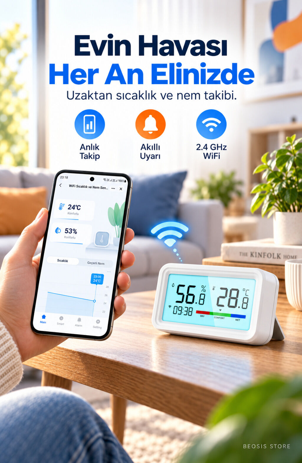 WiFi LCD Ekranlı Sıcaklık ve Nem Sensörü (Fonri, Tuya, Smart Life, Google Assistant, Amazon Alexa Destekli)