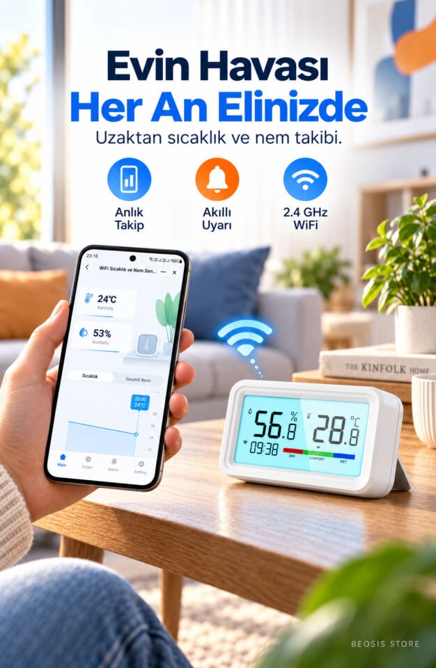 WiFi LCD Ekranlı Sıcaklık ve Nem Sensörü (Fonri, Tuya, Smart Life, Google Assistant, Amazon Alexa Destekli)