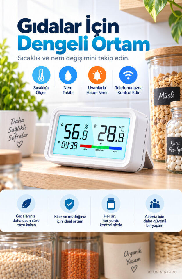 WiFi LCD Ekranlı Sıcaklık ve Nem Sensörü (Fonri, Tuya, Smart Life, Google Assistant, Amazon Alexa Destekli)