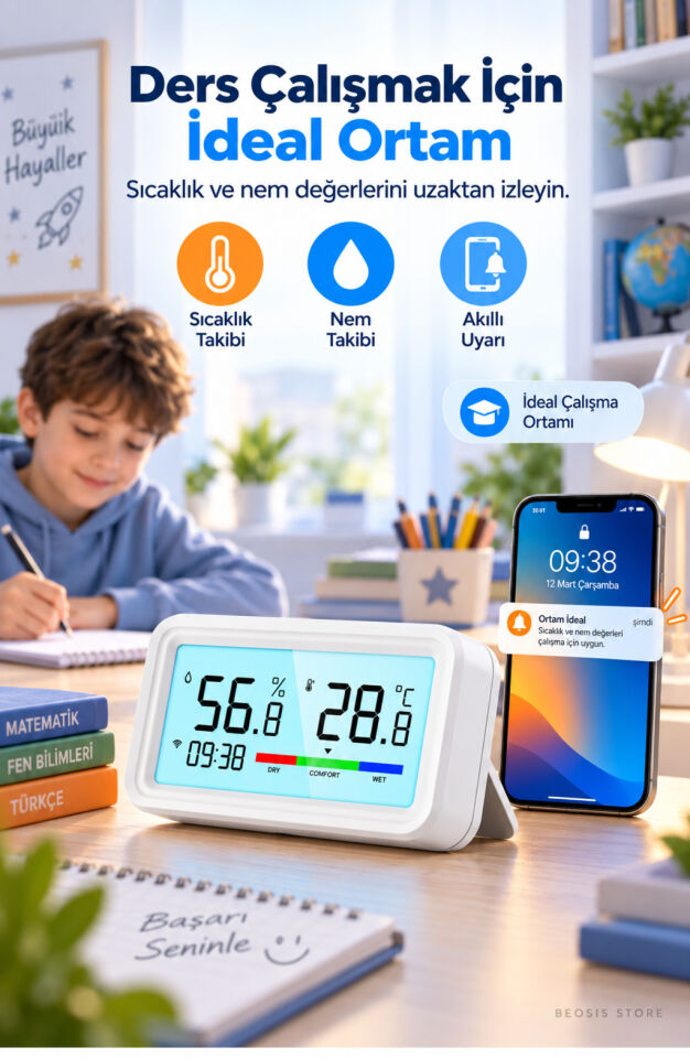 WiFi LCD Ekranlı Sıcaklık ve Nem Sensörü (Fonri, Tuya, Smart Life, Google Assistant, Amazon Alexa Destekli)