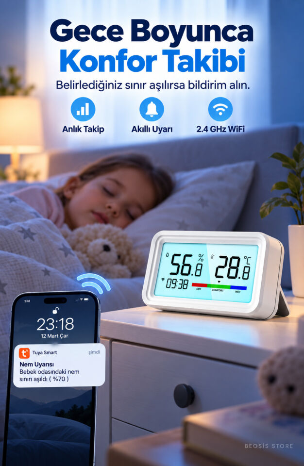 WiFi LCD Ekranlı Sıcaklık ve Nem Sensörü (Fonri, Tuya, Smart Life, Google Assistant, Amazon Alexa Destekli)