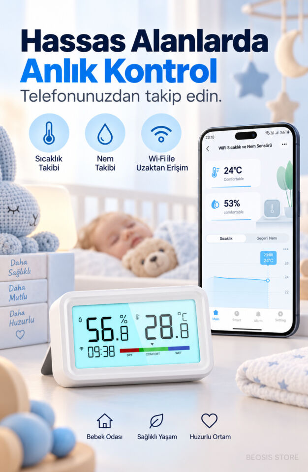 WiFi LCD Ekranlı Sıcaklık ve Nem Sensörü (Fonri, Tuya, Smart Life, Google Assistant, Amazon Alexa Destekli)