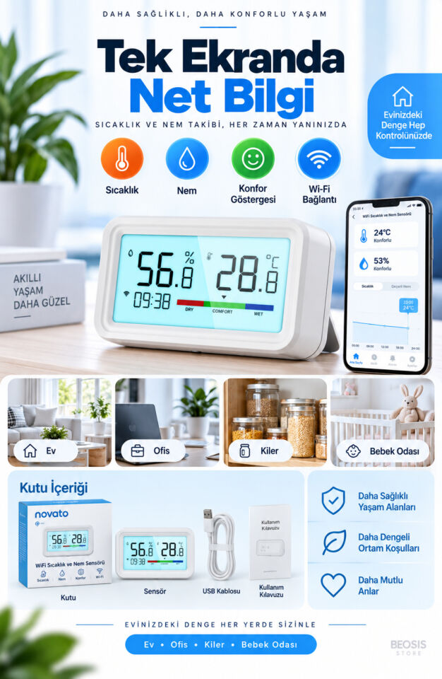 WiFi LCD Ekranlı Sıcaklık ve Nem Sensörü (Fonri, Tuya, Smart Life, Google Assistant, Amazon Alexa Destekli)