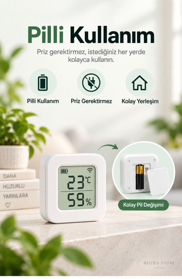 WiFi LCD Ekranlı Pilli Sıcaklık ve Nem Sensörü (Fonri, Tuya, Smart Life, Google Assistant, Amazon Alexa Destekli)