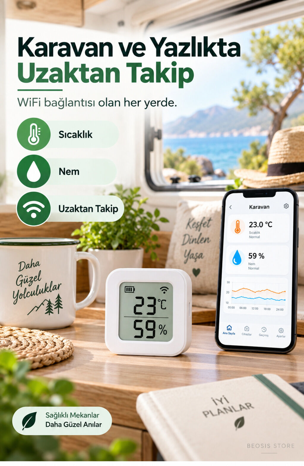 WiFi LCD Ekranlı Pilli Sıcaklık ve Nem Sensörü (Fonri, Tuya, Smart Life, Google Assistant, Amazon Alexa Destekli)