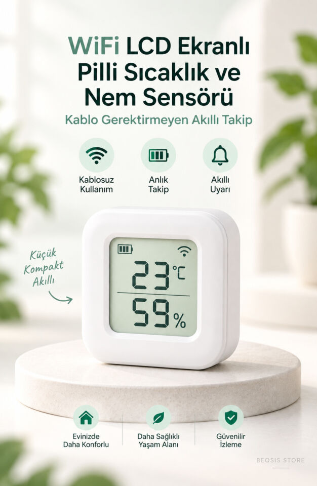 WiFi LCD Ekranlı Pilli Sıcaklık ve Nem Sensörü (Fonri, Tuya, Smart Life, Google Assistant, Amazon Alexa Destekli)