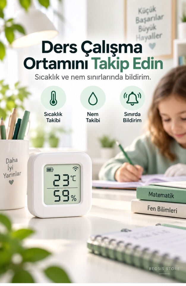 WiFi LCD Ekranlı Pilli Sıcaklık ve Nem Sensörü (Fonri, Tuya, Smart Life, Google Assistant, Amazon Alexa Destekli)