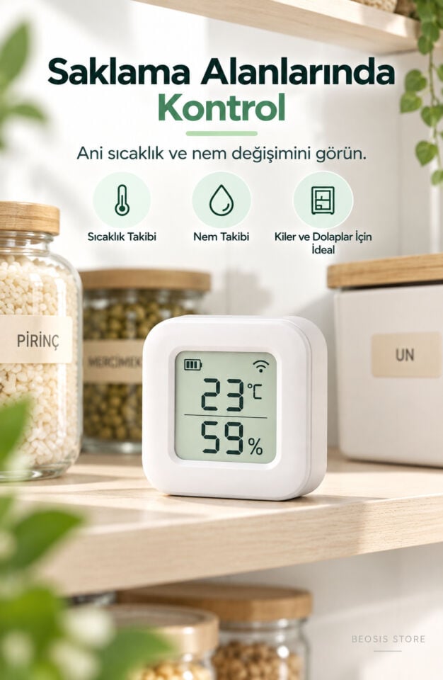 WiFi LCD Ekranlı Pilli Sıcaklık ve Nem Sensörü (Fonri, Tuya, Smart Life, Google Assistant, Amazon Alexa Destekli)