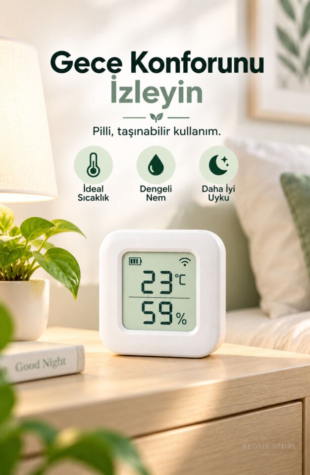 WiFi LCD Ekranlı Pilli Sıcaklık ve Nem Sensörü (Fonri, Tuya, Smart Life, Google Assistant, Amazon Alexa Destekli)