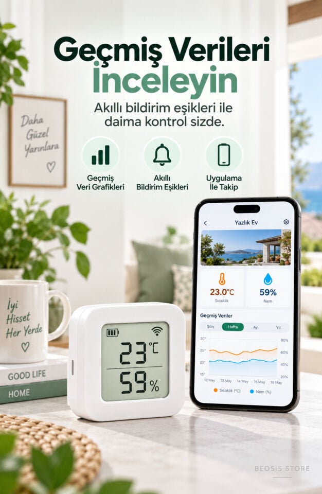 WiFi LCD Ekranlı Pilli Sıcaklık ve Nem Sensörü (Fonri, Tuya, Smart Life, Google Assistant, Amazon Alexa Destekli)