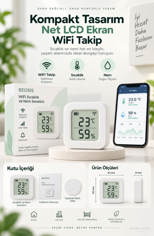 WiFi LCD Ekranlı Pilli Sıcaklık ve Nem Sensörü (Fonri, Tuya, Smart Life, Google Assistant, Amazon Alexa Destekli)