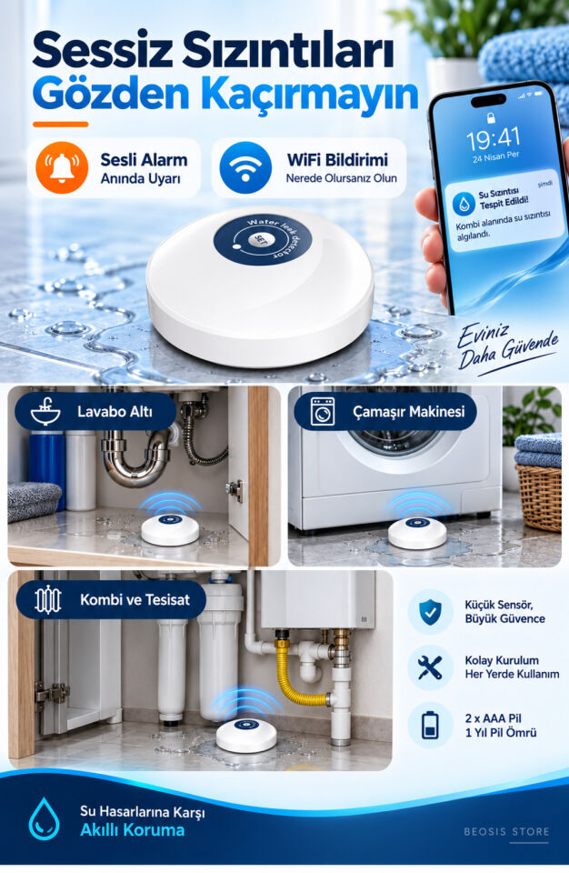 WiFi Su Baskını ve Kaçak Sensörü (Fonri, Tuya, Smart Life, Google Assistant, Amazon Alexa Destekli)