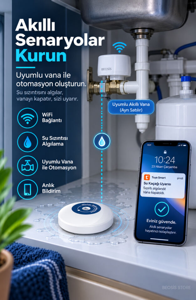 WiFi Su Baskını ve Kaçak Sensörü (Fonri, Tuya, Smart Life, Google Assistant, Amazon Alexa Destekli)