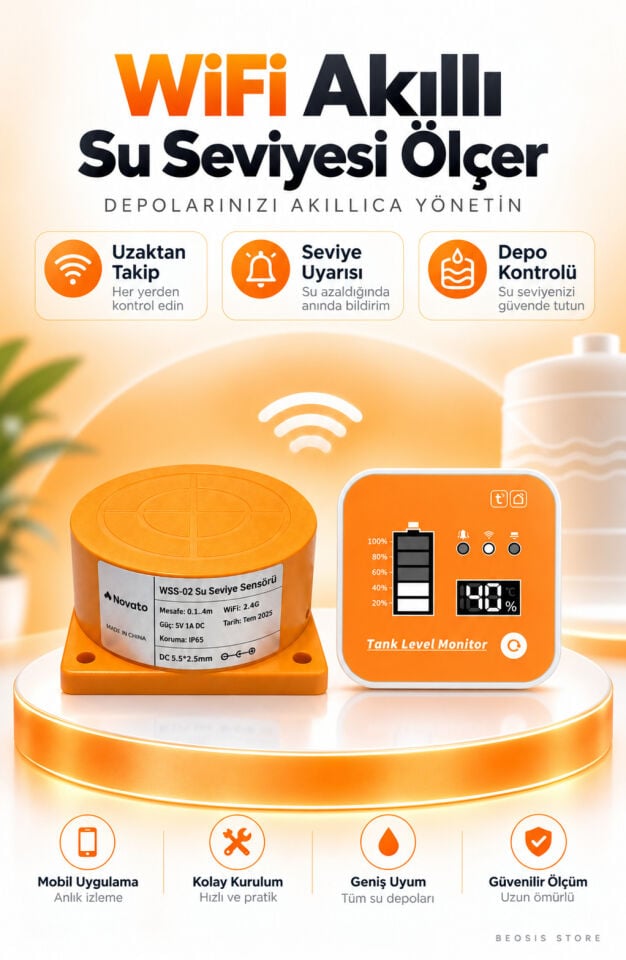 WiFi Ekranlı Akıllı Su Seviyesi Ölçer (Fonri, Tuya, Smart Life, Google Assistant, Amazon Alexa Destekli)