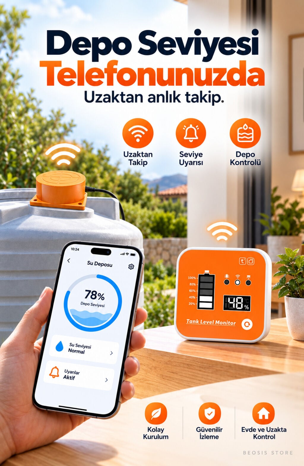 WiFi Ekranlı Akıllı Su Seviyesi Ölçer (Fonri, Tuya, Smart Life, Google Assistant, Amazon Alexa Destekli)