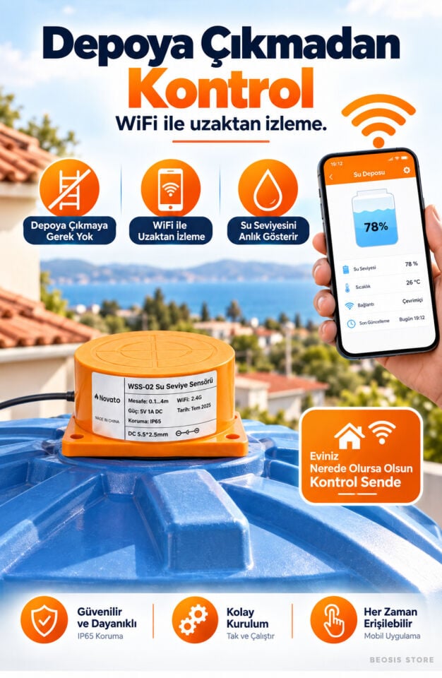 WiFi Ekranlı Akıllı Su Seviyesi Ölçer (Fonri, Tuya, Smart Life, Google Assistant, Amazon Alexa Destekli)