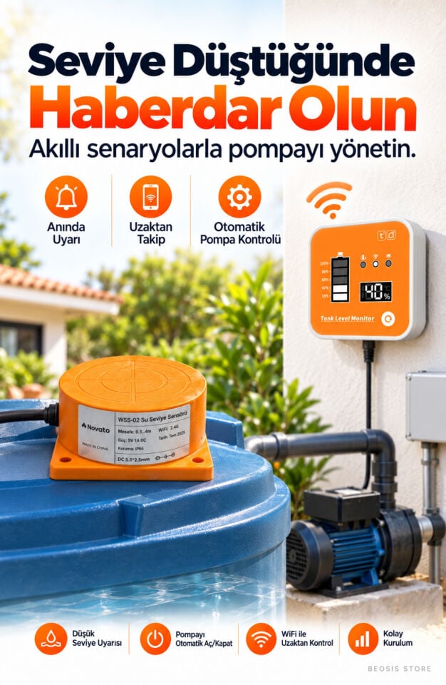WiFi Ekranlı Akıllı Su Seviyesi Ölçer (Fonri, Tuya, Smart Life, Google Assistant, Amazon Alexa Destekli)