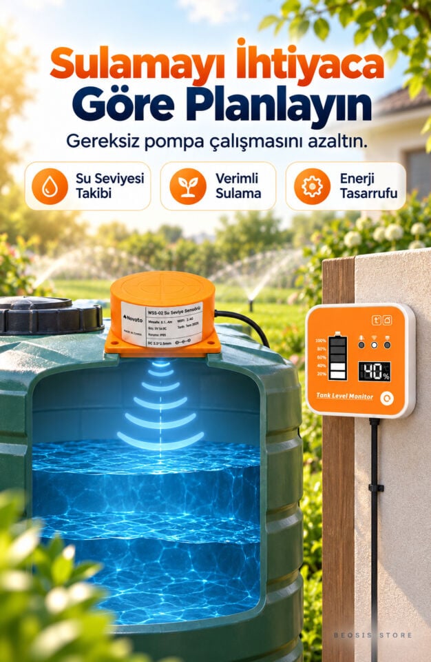 WiFi Ekranlı Akıllı Su Seviyesi Ölçer (Fonri, Tuya, Smart Life, Google Assistant, Amazon Alexa Destekli)