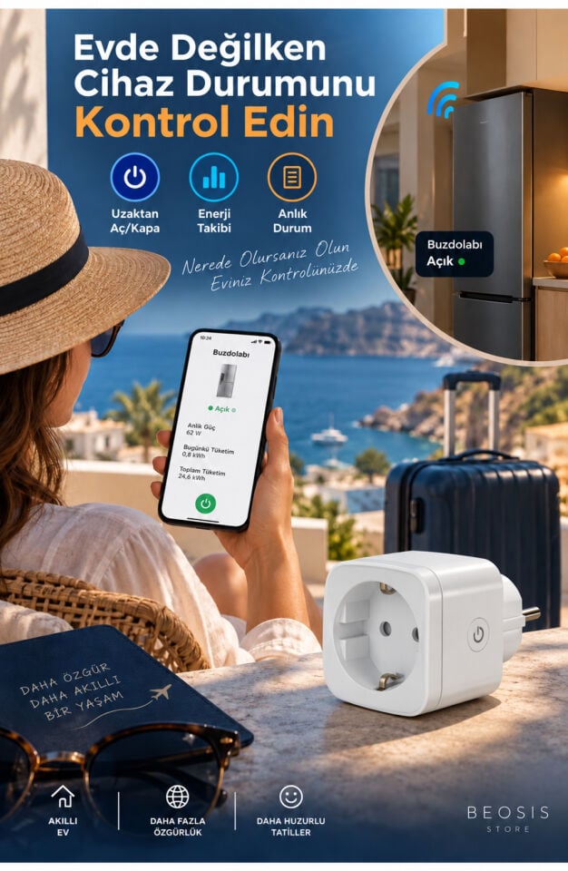 WiFi Güç Ölçer Akıllı Priz 16A (Fonri, Tuya, Smart Life, Google Assistant, Amazon Alexa Destekli)