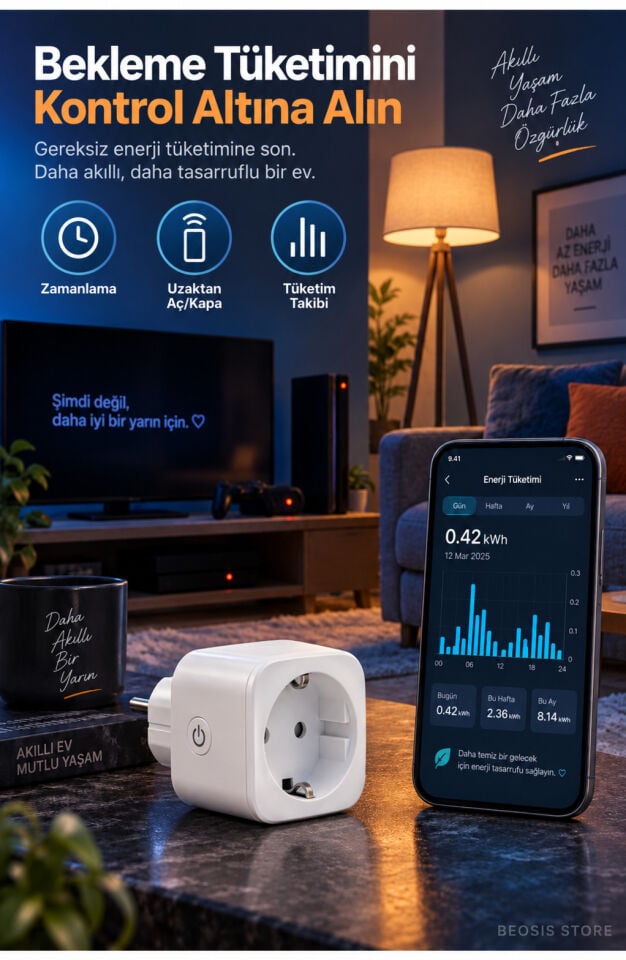 WiFi Güç Ölçer Akıllı Priz 16A (Fonri, Tuya, Smart Life, Google Assistant, Amazon Alexa Destekli)