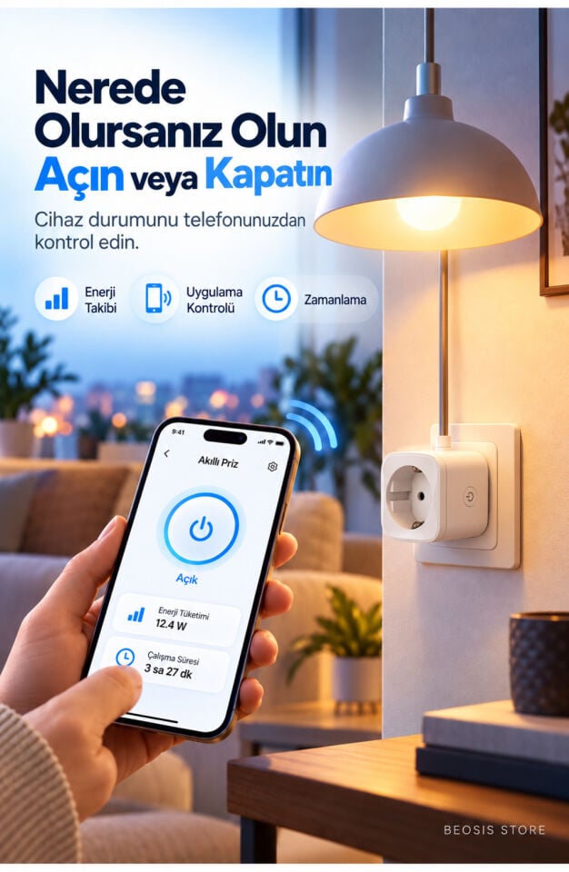 WiFi Güç Ölçer Akıllı Priz 16A (Fonri, Tuya, Smart Life, Google Assistant, Amazon Alexa Destekli)