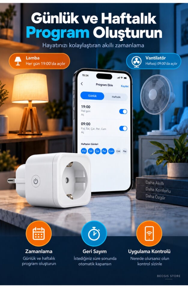 WiFi Güç Ölçer Akıllı Priz 16A (Fonri, Tuya, Smart Life, Google Assistant, Amazon Alexa Destekli)