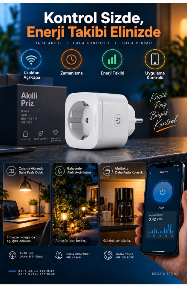 WiFi Güç Ölçer Akıllı Priz 16A (Fonri, Tuya, Smart Life, Google Assistant, Amazon Alexa Destekli)