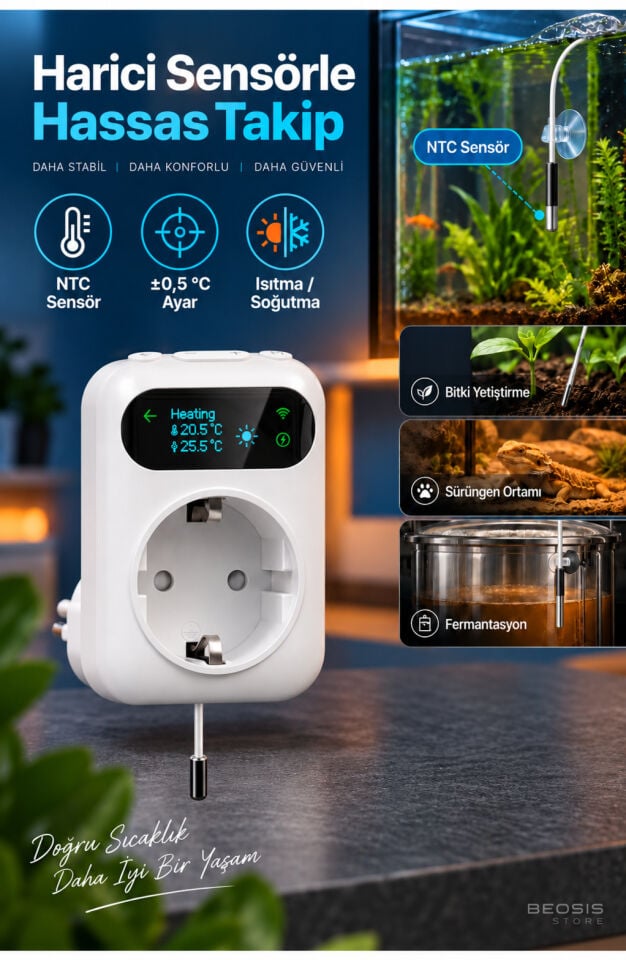 WiFi Priz Tipi Termostat 16A Harici NTC Problu (Fonri, Tuya, Smart Life, Google Assistant, Amazon Alexa Destekli)