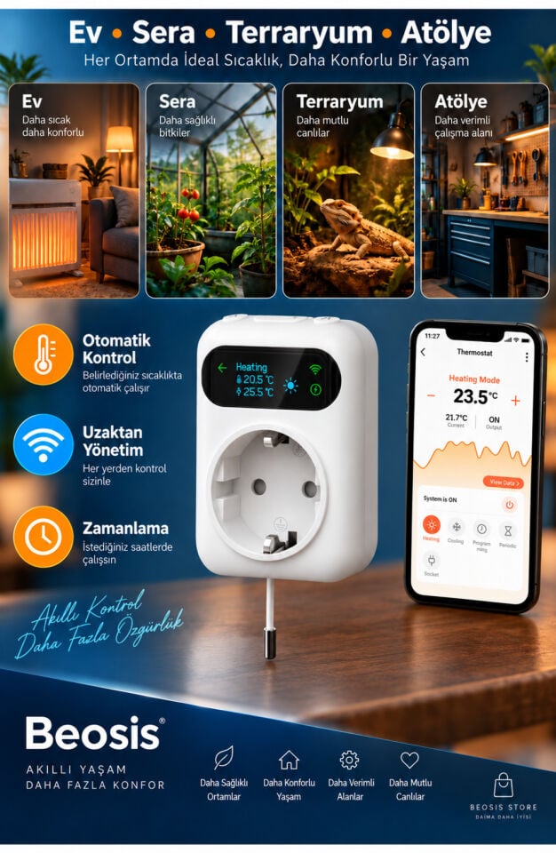 WiFi Priz Tipi Termostat 16A Harici NTC Problu (Fonri, Tuya, Smart Life, Google Assistant, Amazon Alexa Destekli)