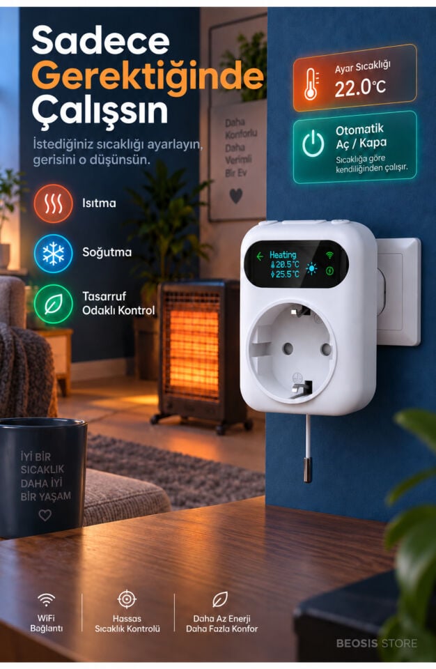WiFi Priz Tipi Termostat 16A Harici NTC Problu (Fonri, Tuya, Smart Life, Google Assistant, Amazon Alexa Destekli)