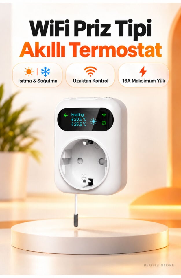 WiFi Priz Tipi Termostat 16A Harici NTC Problu (Fonri, Tuya, Smart Life, Google Assistant, Amazon Alexa Destekli)
