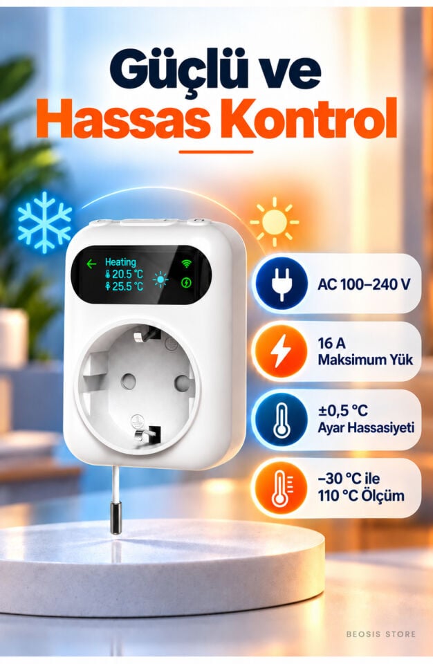 WiFi Priz Tipi Termostat 16A Harici NTC Problu (Fonri, Tuya, Smart Life, Google Assistant, Amazon Alexa Destekli)