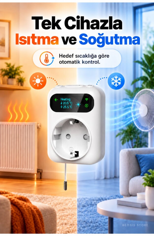 WiFi Priz Tipi Termostat 16A Harici NTC Problu (Fonri, Tuya, Smart Life, Google Assistant, Amazon Alexa Destekli)