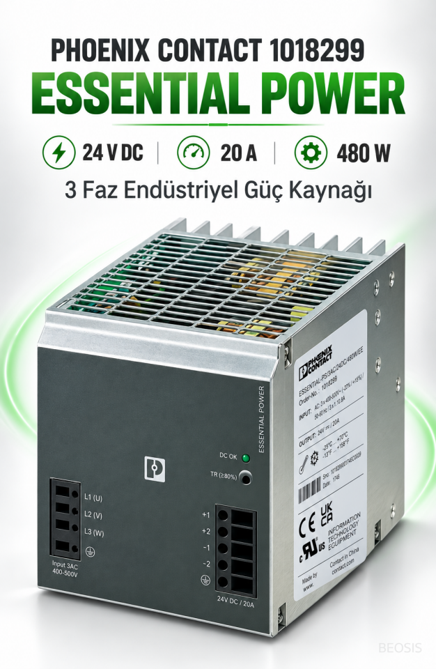 Phoenix Contact 1018299 ESSENTIAL-PS/3AC/24DC/480W/EE 24 V DC 20 A DIN Ray Güç Kaynağı