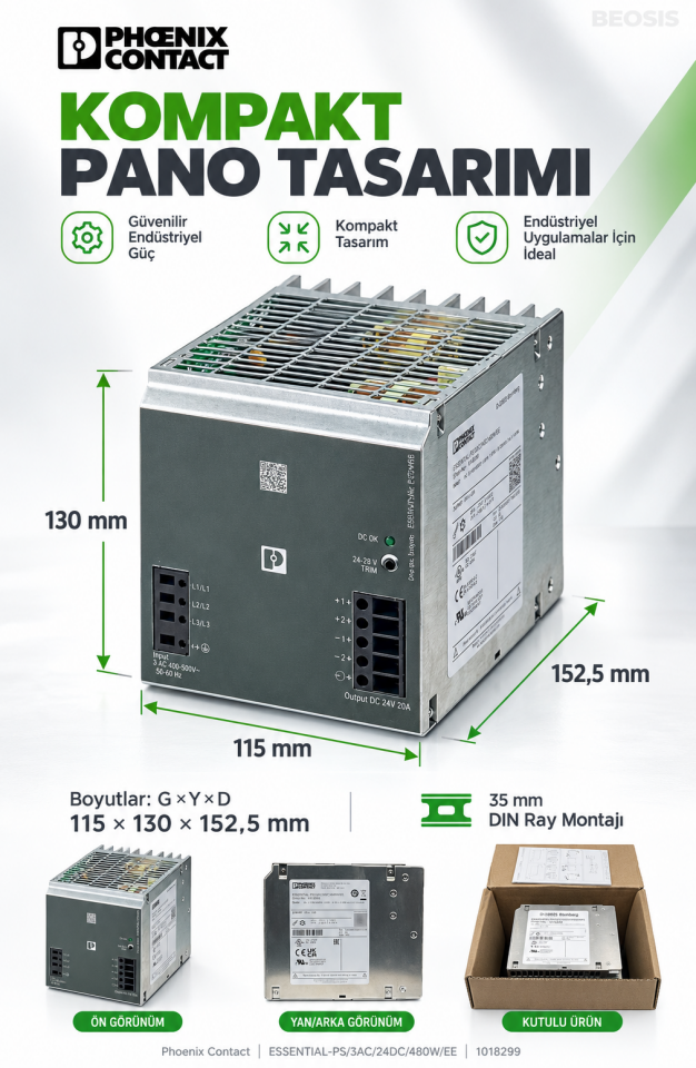 Phoenix Contact 1018299 ESSENTIAL-PS/3AC/24DC/480W/EE 24 V DC 20 A DIN Ray Güç Kaynağı