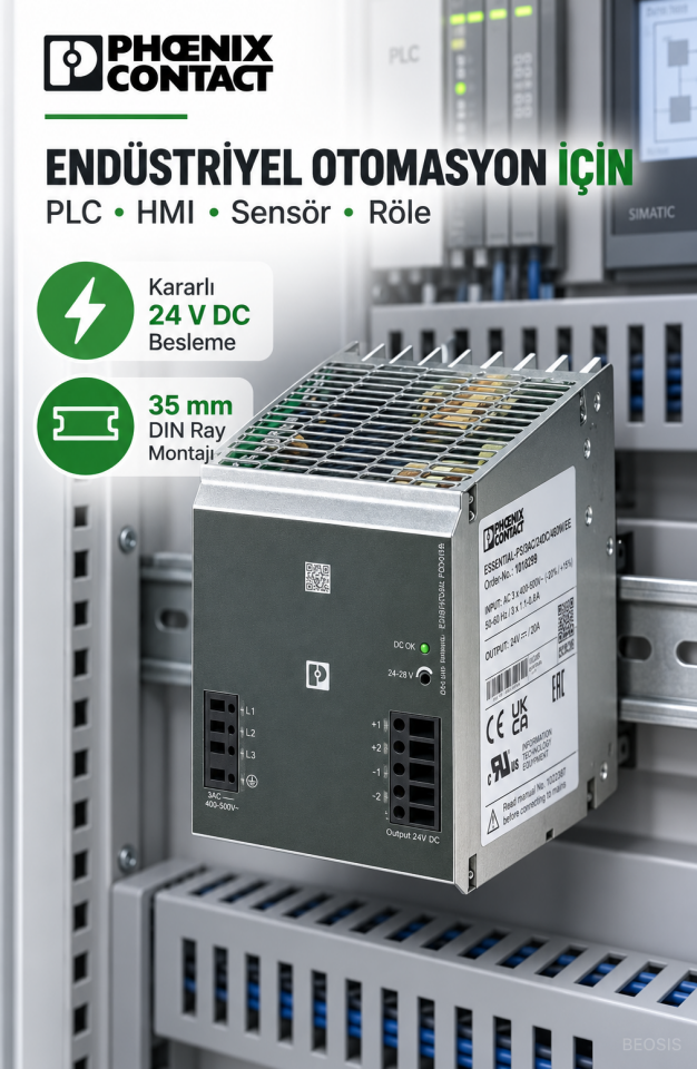 Phoenix Contact 1018299 ESSENTIAL-PS/3AC/24DC/480W/EE 24 V DC 20 A DIN Ray Güç Kaynağı