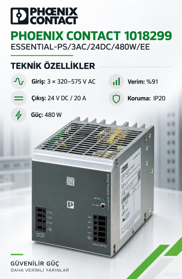 Phoenix Contact 1018299 ESSENTIAL-PS/3AC/24DC/480W/EE 24 V DC 20 A DIN Ray Güç Kaynağı