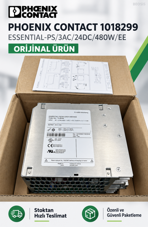 Phoenix Contact 1018299 ESSENTIAL-PS/3AC/24DC/480W/EE 24 V DC 20 A DIN Ray Güç Kaynağı