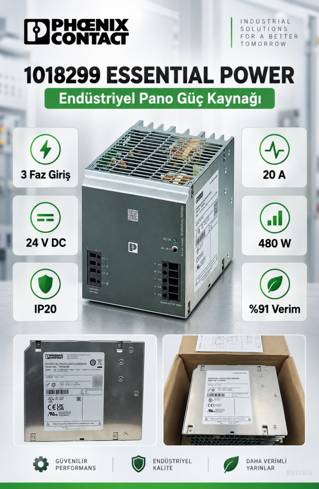 Phoenix Contact 1018299 ESSENTIAL-PS/3AC/24DC/480W/EE 24 V DC 20 A DIN Ray Güç Kaynağı