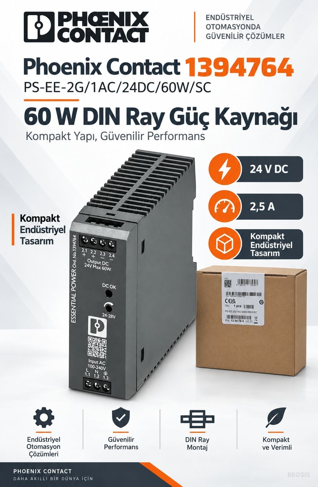 Phoenix Contact 1394764 PS-EE-2G/1AC/24DC/60W/SC 24 V DC 2,5 A DIN Ray Güç Kaynağı