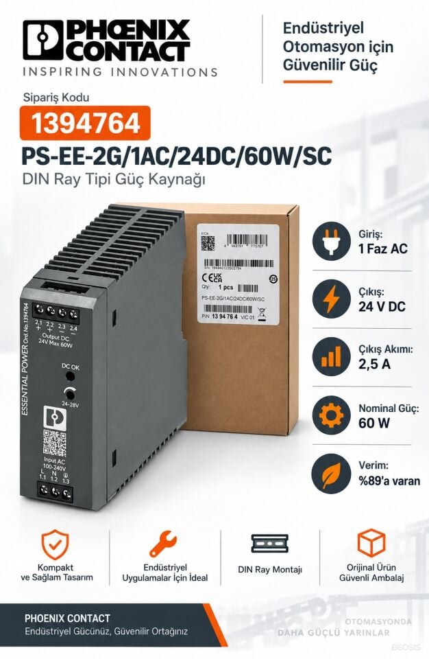 Phoenix Contact 1394764 PS-EE-2G/1AC/24DC/60W/SC 24 V DC 2,5 A DIN Ray Güç Kaynağı