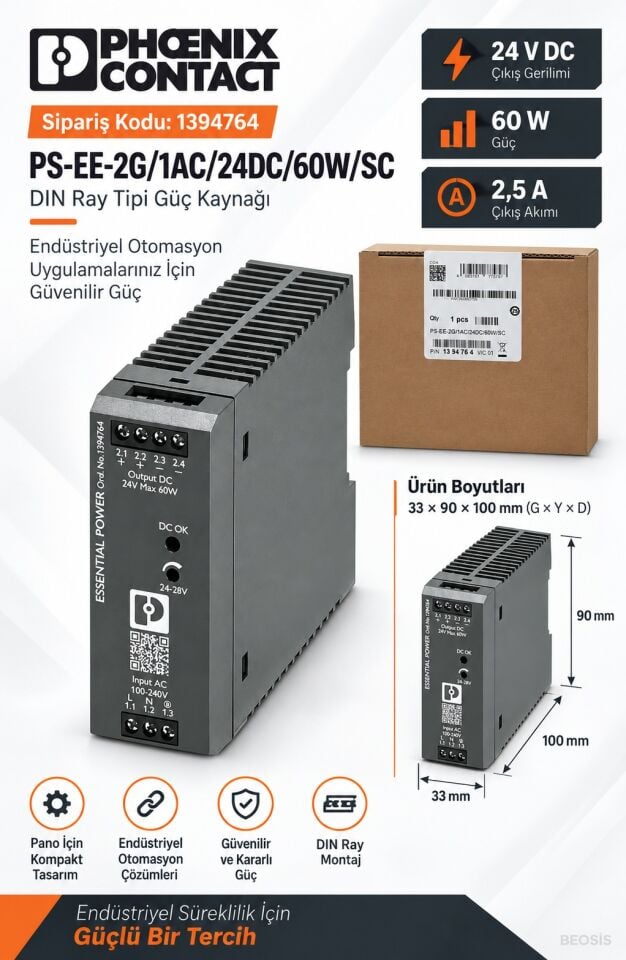 Phoenix Contact 1394764 PS-EE-2G/1AC/24DC/60W/SC 24 V DC 2,5 A DIN Ray Güç Kaynağı