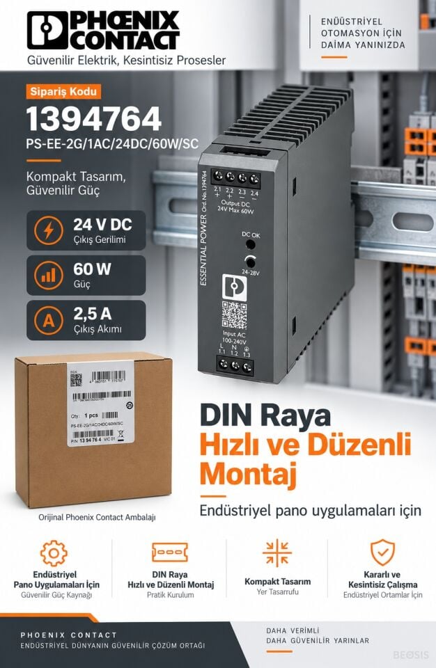 Phoenix Contact 1394764 PS-EE-2G/1AC/24DC/60W/SC 24 V DC 2,5 A DIN Ray Güç Kaynağı